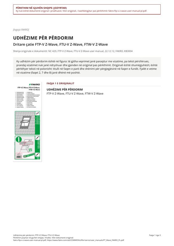 Udhëzime për përdorim: FTP-V Z-Wave, FTU-V Z-Wave (SQ)